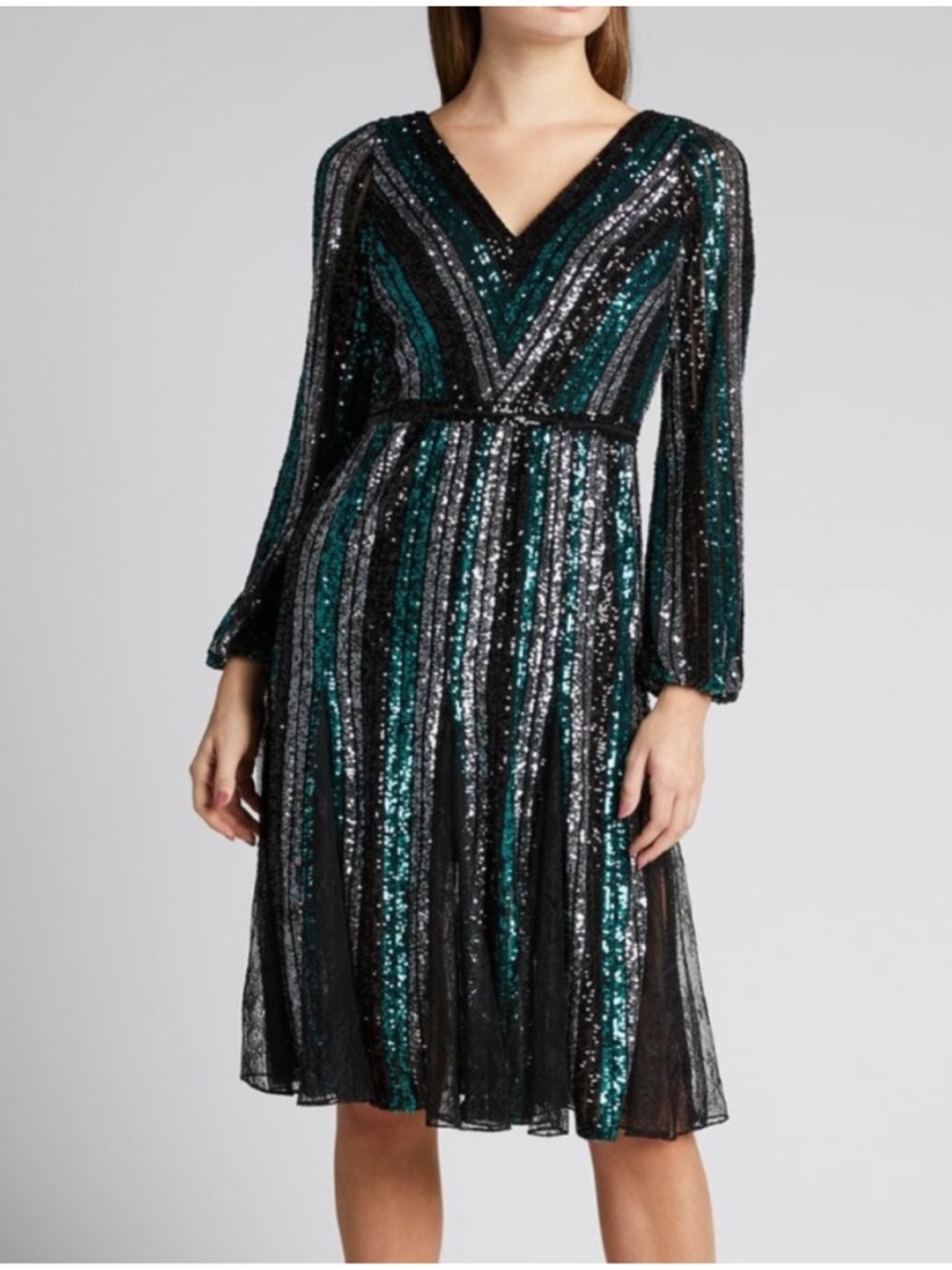 Marchesa Notte Sequin Striped Gown Emerald Multi Size 6